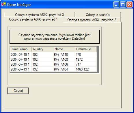 Przykłady dokumentacja AsixConnect5 W zakładce Odczyt z systemu ASIX przykład 1 znajduje się wynik przykładu odczytu