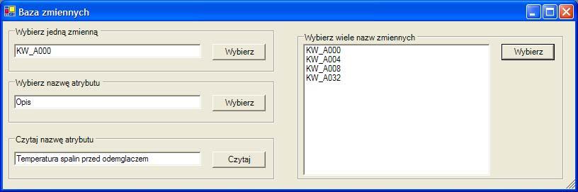 dokumentacja AsixConnect5 Przykłady W oknie znajduje się wynik przykładu wybierania zmiennych przy pomocy okna wyboru zmiennej oraz czytania wartości atrybutów z bazy zmiennych.