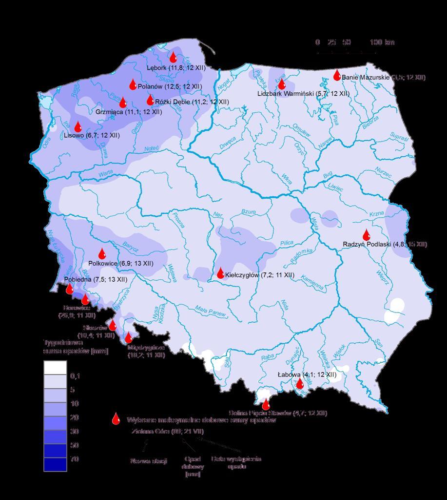 3. Rozkład tygodniowej sumy opadów oraz wybrane maksymalne