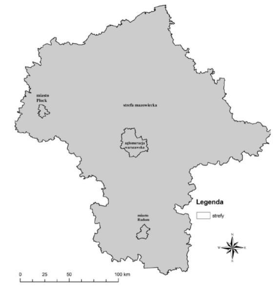 pozostały obszar województwa, nie wchodzący w skład aglomeracji i miast powyżej 100 tys. mieszkańców. Roczną ocenę jakości powietrza w województwie mazowieckim za 2014 r.