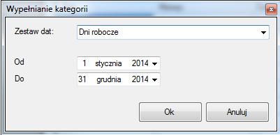 3 Obsługa harmonogramów Przycisk Wypełnij pozwala jednorazowo dodać do kategorii grupę dni. Rys. Okno dodawania grupy dni do kategorii.