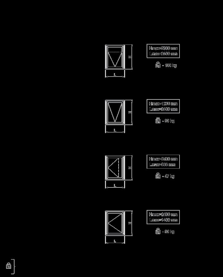 SYSTEMY OKIENNO-DRZWIOWE / MB-59S CASEMENT Maksymalne wymiary okien Okno odchylne na zewnątrz z zawiasami nożycowymi Okno odchylne na zewnątrz z