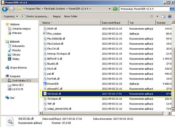 Po tym zabiegu mamy dodatkowy plik w głównym folderze programu PowerSDR. Zamykamy okno.