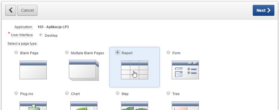 d. Zaznacz typ nowo tworzonej strony jako Report i przejdź do następnego kroku. e. Wybierz sposób tworzenia strony z raportem umożliwiający skorzystanie z kreatora. f.