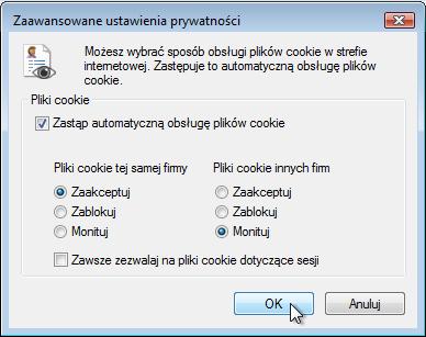 Ustaw następującą konfigurację: Zaznacz: Automatyczna obsługa plików cookie.