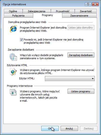 Wybierz Poinformuj mnie jeżeli Internet Explorer nie jest domyślna przeglądarką. Następnie kliknij OK. Zamknij przeglądarkę.