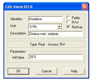 Edytując właściwości bloku (Edit) nadaje się mu nazwę (Identifier, bez cyfr, spacji, i polskich znaków), jednostki sygnału wejściowego (Unit) oraz opis (Description).