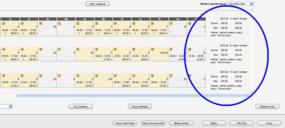Lub w przypadku planowania przez grafik na końcu: pokazuje się norma godzin do przepracowania w danym miesiącu ( tyle godzin trzeba być w pracy).