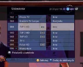 Naciśnij przycisk NIEBIESKI, aby przejść do programów nadawanych w inne dni. Naciśnij BACK, aby powrócić do poprzedniego ekranu. Naciśnij INFO, aby uzyskać więcej informacji o programie.