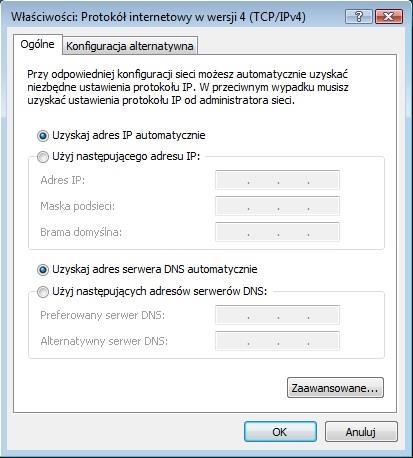 Jaki adres IP, maska podsieci i domyślna brama wpisane w pole "Użyj następującego adresu IP:"?