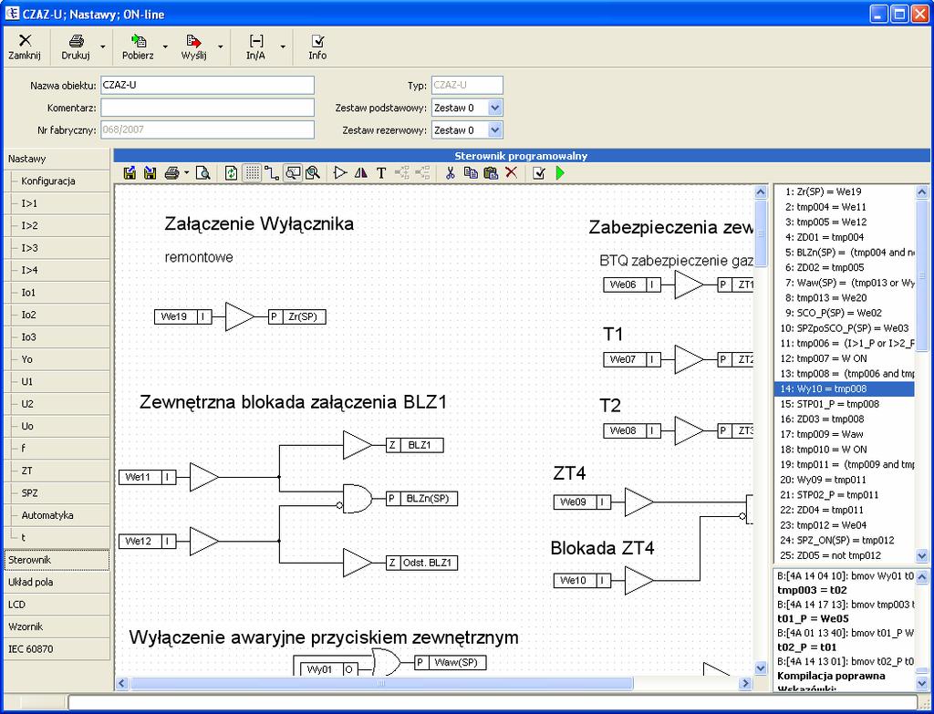 9. Logika programowalna 9.1. Opis okna Sterownik CZAZ-U jest zabezpieczeniem w pełni konfigurowalnym dlatego do tego celu został przeznaczony interfejs do tworzenia indywidualnych układów logicznych.