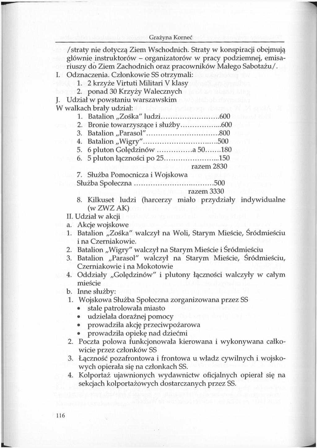 /straty nie dotyczą Ziem Wschodnich. Straty w konspiracji obejmują głównie instruktorów - organizatorów w pracy podziemnej, emisariuszy do Ziem Zachodnich oraz pracowników Małego Sabotażu/. I.