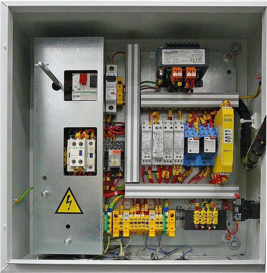 Rys. 2b Zespół elektryczny wnętrze skrzynki Funkcje aparatów sterowniczych: Q1 Wyłącznik zasilania umożliwia załączanie i wyłączanie urządzenia od sieci zasilającej zarówno toru głównego jak i układu
