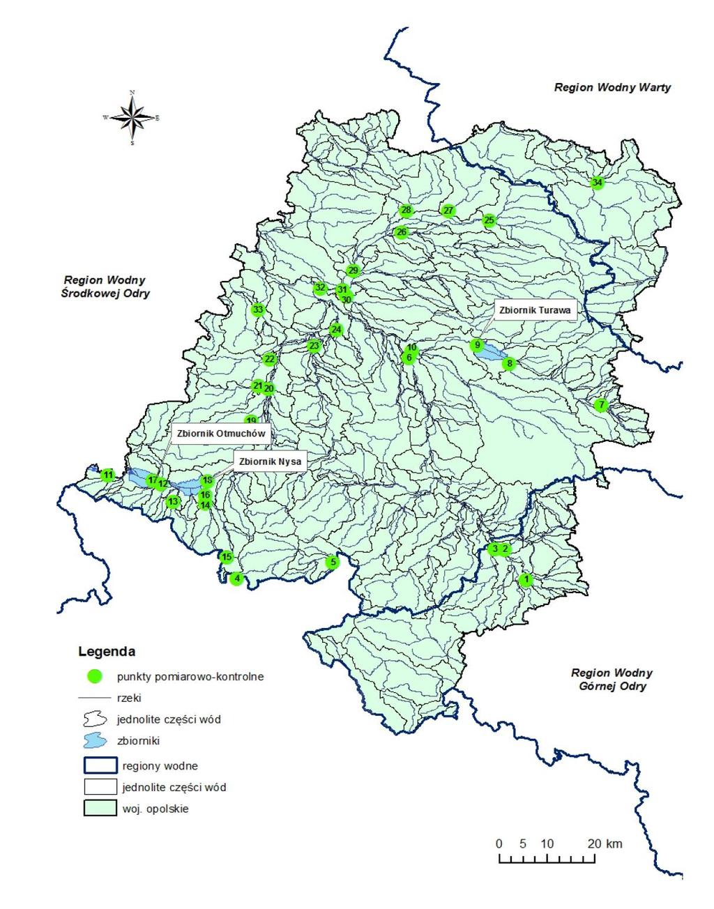Rysunek 3 Przekroje pomiarowo kontrolne monitoringu wód powierzchniowych w województwie opolskim