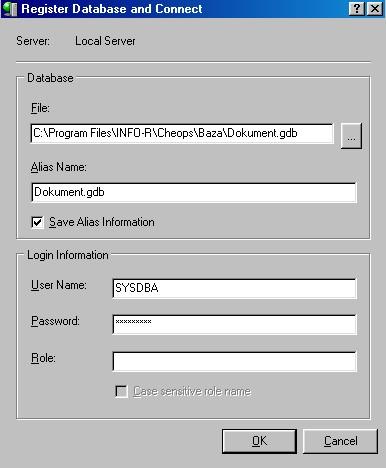 W polu File należy wpisać: - c:\program Files\Info-r\Amazis02\Baza\Amazis02.gdb dla bazy głównej programu - c:\program Files\Info-r\Amazis02\Baza\Dokument.