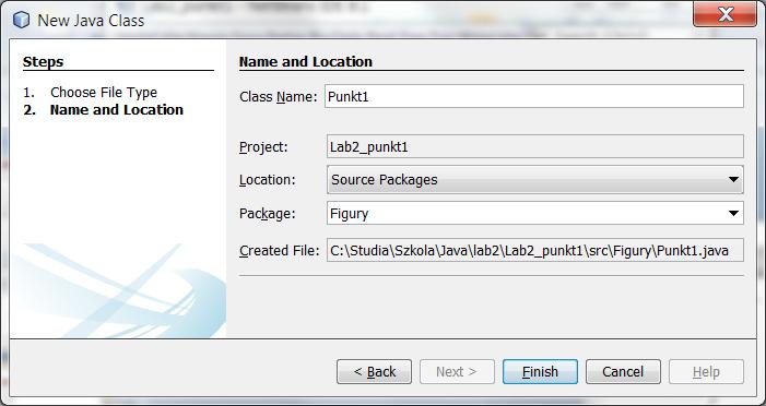 w polu Class Name wpisać nazwę klasy w pakiecie Figury (tutaj Punkt1), wybranym wcześniej.