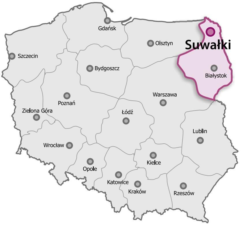 SUWAŁKI Suwałki położone są w północno-wschodniej Polsce, w północnej części województwa podlaskiego nad rzeką Czarną Hańczą, w pobliżu granic z Litwą, Białorusią i Rosją (Obwodem Kaliningradzkim).