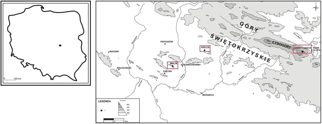 Ryc. 1. Lokalizacja punktów pomiarowych (Kozłowski 2013, zmienione) Fig. 1. Map of the sampling site in Kielce (Kozłowski 2013, changed) siecią dróg dojazdowych, stokiem użytkowanym narciarsko i konwencjonalną ciepłownią miejską.