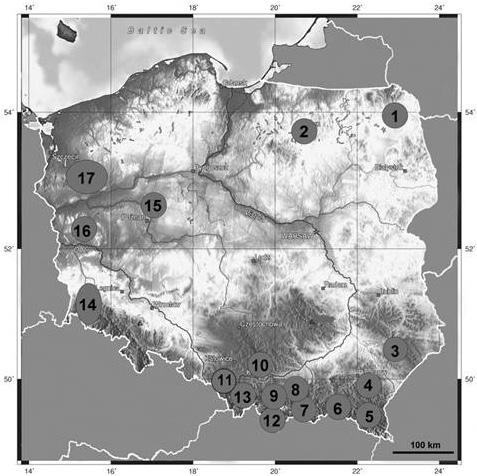 J. Lee: Różnorodność i rozmieszczenie krasnorostów w Tatrach 361 Ryc. 5. Mapa terenu badań na obszarze Polski (za Kwandrans i in. 2014) Fig. 5. The map of the study area in Poland (after Kwandrans et al.