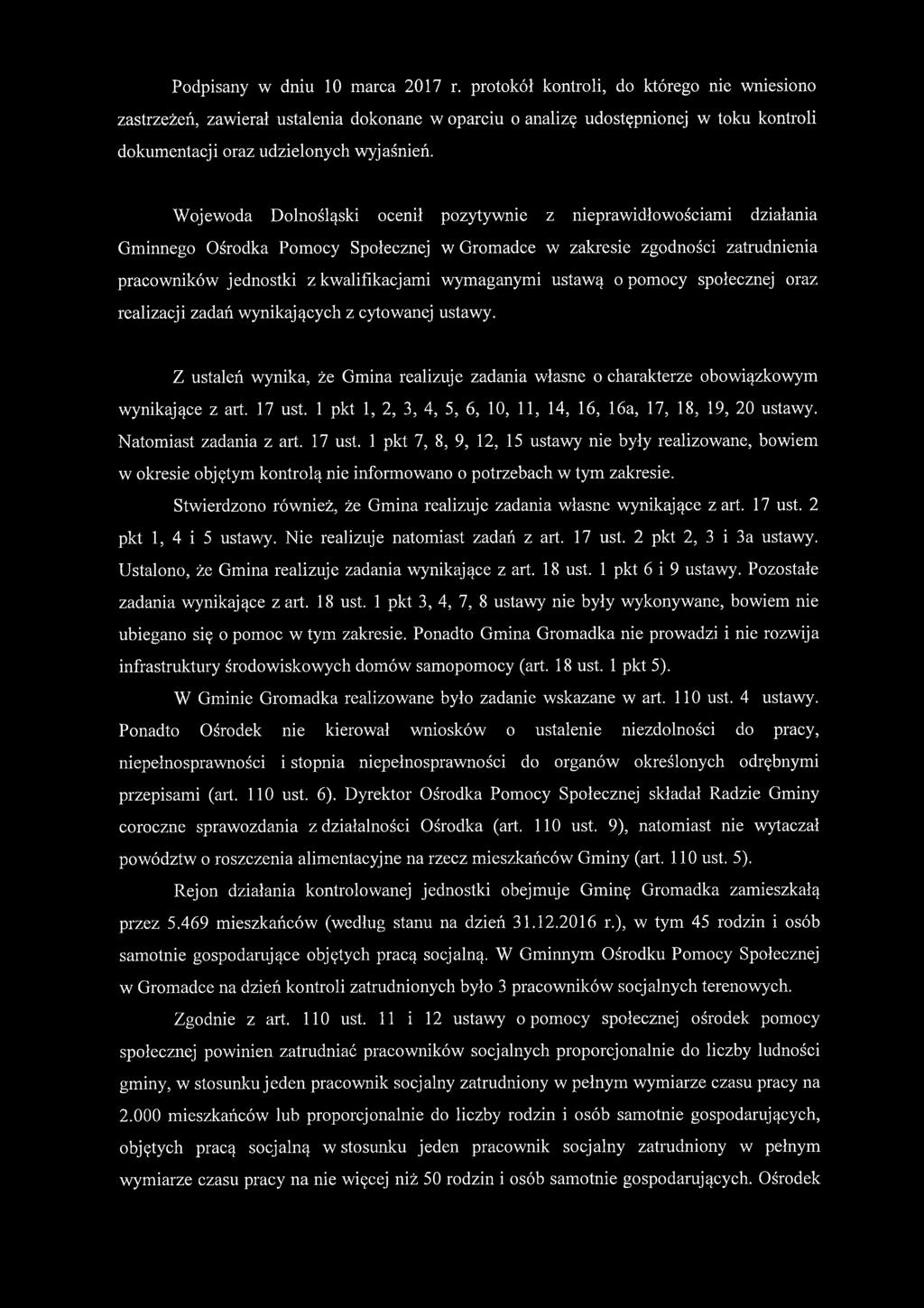 Wojewoda Dolnośląski ocenił pozytywnie z nieprawidłowościami działania Gminnego Ośrodka Pomocy Społecznej w Gromadce w zakresie zgodności zatrudnienia pracowników jednostki z kwalifikacjami