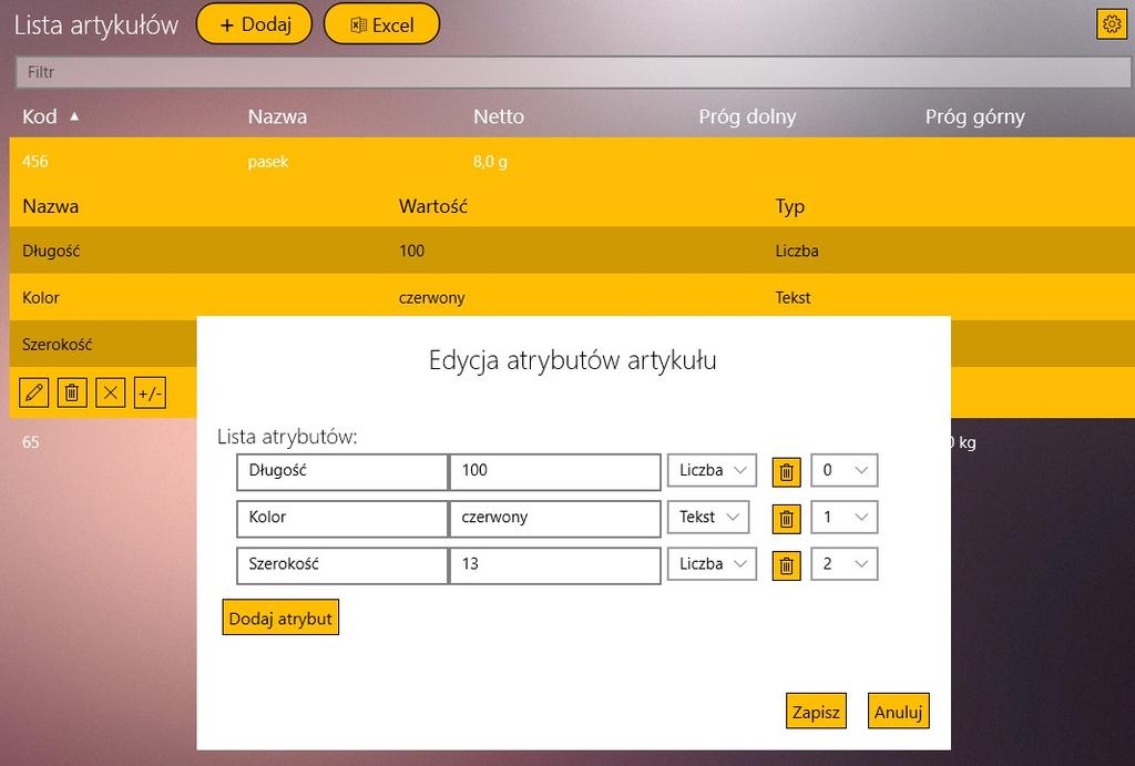 Do każdego z artykułów możemy dodać również atrybuty. Po kliknięciu ikony +/- pojawi się okno, w którym możemy dodać atrybuty wybranego produktu.