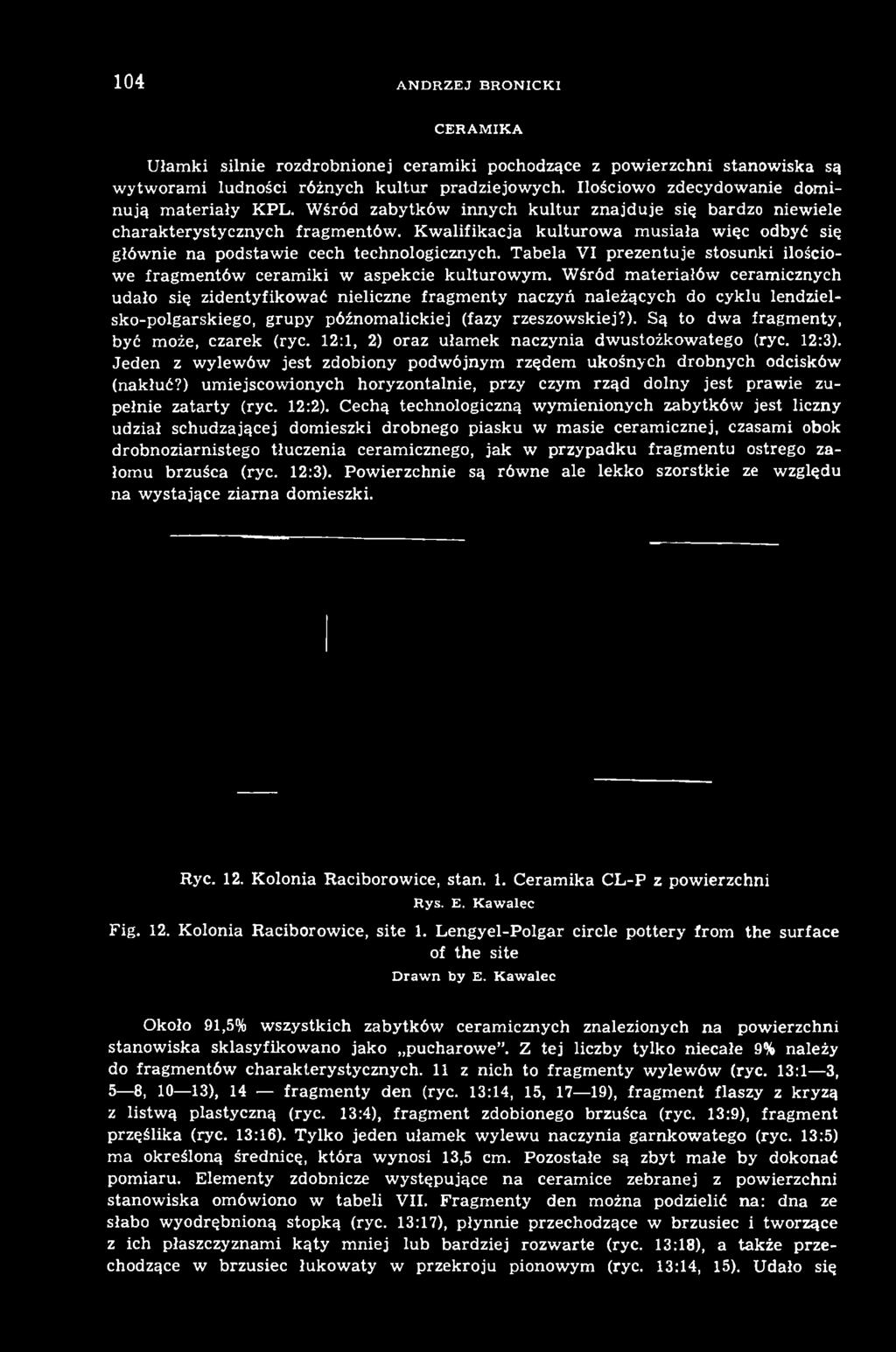 Są to dwa fragmenty, być może, czarek (ryc. 12:1, 2) oraz ułamek naczynia dwustożkowatego (ryc. 12:3). Jeden z wylewów jest zdobiony podwójnym rzędem ukośnych drobnych odcisków (nakłuć?