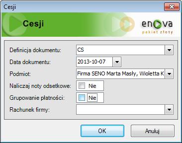 Naliczanie cesji Dokumentem cesji zmieniamy podmiot płatności. W ewidencji dokumentów wskazujemy dokumenty objęte cesją, następnie w menu Czynności / Naliczenie / wybieramy Cesję.