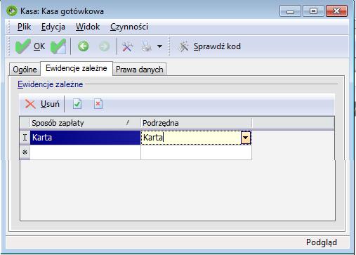 Kasa / Ewidencje zależne Przy takim ustawieniu podczas wystawiania dokumentu sprzedaży w module Handel gdzie, jako sposób zapłaty została wybrana karta zostanie wygenerowana zapłata do ewidencji