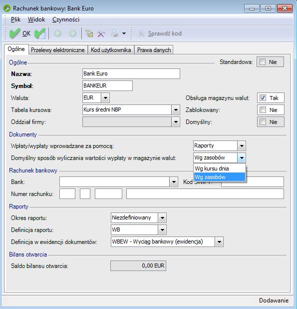 Konfiguracja ewidencji środków pieniężnych w EUR Ewidencjonowanie wpłat / wypłat bankowych w walucie obcej Podobnie jak w przypadku ewidencji w PLN najpierw tworzymy nowy raport.