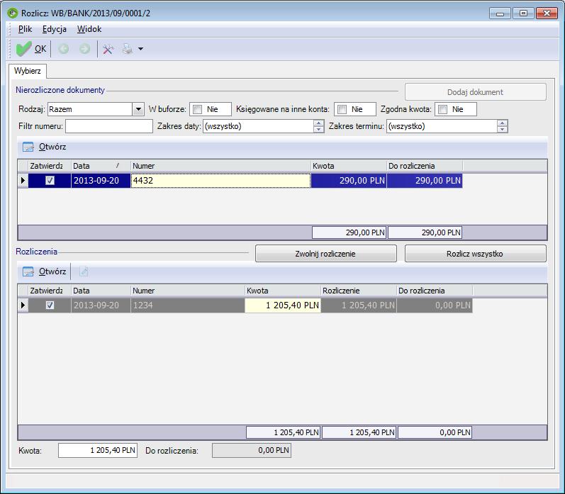 Formularz Rozliczanie dokumentów Ukaże się lista dokumentów nierozliczonych dla danego kontrahenta, wraz zzaznaczonymi pozycjami, które zostały wskazane na dokumencie kasowo/bankowym wpolu Zapłata za.