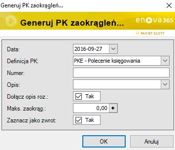 Generuj PK zaokrągleń Generuj PK zaokrągleń - mechanizm umożliwia automatyczne wygenerowanie dokumentu PK z płatnościami rozliczającymi kwoty nierozliczonych rozrachunków (np.