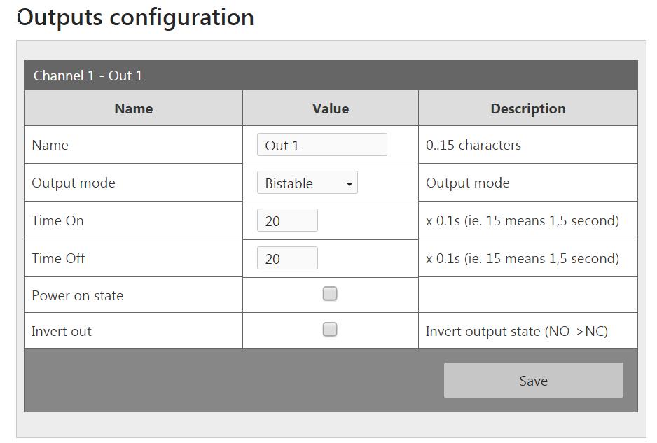 7.3 Parametry wyjść: Menu Outputs Moduł Hero posiada 2 kanały wyjściowe kanał przekaźnikowy -OUT1 kanał tranzystorowy OC -OUT2 Kanały mogą działać w kilku trybach: -Name -nazwa kanału (maksymalna