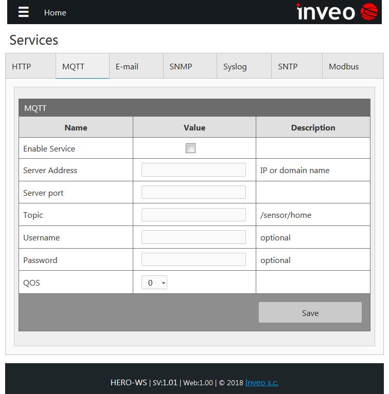 7.5.2 Komunikacja przez protokół MQTT Inveo. Komunikacja przez protokół MQTT Inveo. Jeżeli w menu Services została aktywowana usługa MQTT to moduł wysyła do brokera mqtt zmierzoną temperaturę co określony przedział czasowy.