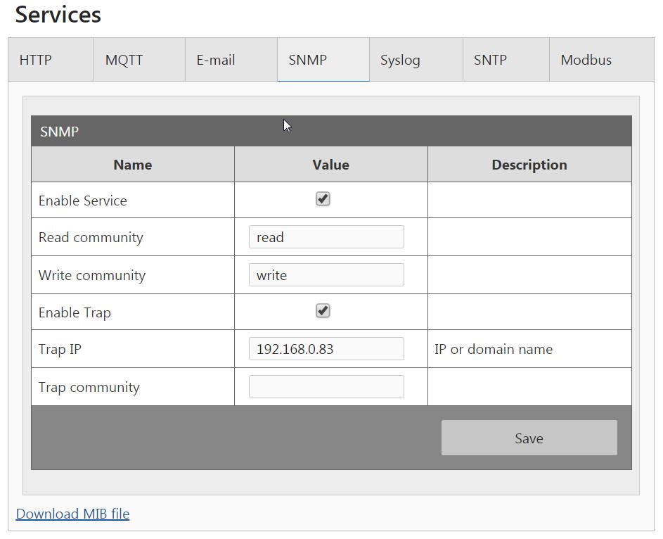 7.5.4 Komunikacja przez protokół SNMP. Moduł wyposażony jest w serwer SNMP v2c. Protokół SNMP umożliwia odczyt aktualnych wartości odczytanych z czujników.