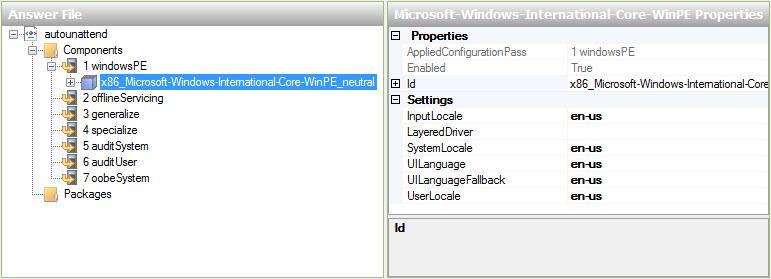 Zauważ, że Microsoft-Windows-International-Core-WinPE został dodany do " Answer File " i w obszarze "Properties". Wybierz Microsoft-Windows-International-Core-WinPE w obszarze "Answer File".