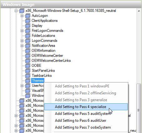Krok 10 W obszarze "Windows Image", znajdź Microsoft-Windows-Shell-Setup > i kliknij prawym przyciskiem Themes > Add Setting to Pass