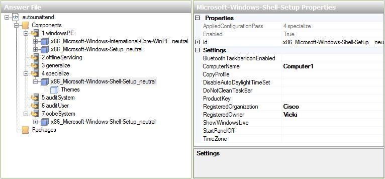 W obszarze " Microsoft-Windows-Shell-Setup Properties " wpisz ComputerName, RegisteredOrganization, and RegisteredOwner dostarczone