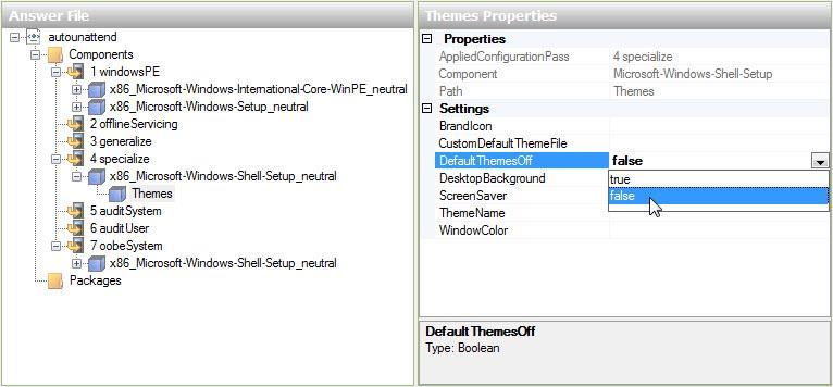 Rozwiń Microsoft-Windows-Shell-Setup w component 4 specialize w obszarze " Answer File ". Odszukaj i wybierz Themes.
