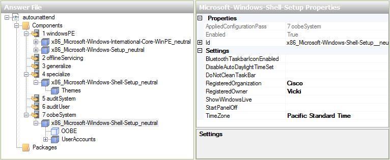 Wybierz Microsoft-Windows-Shell-Setup w obszarze " Answer File " poniżej komponentu 7 Systemu OOBE.