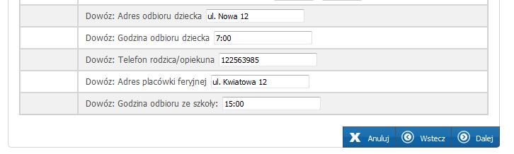 * Informacja o dowozie (informacja o dowozie jest uzupełniania tylko w przypadku uczniów