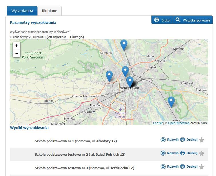 4 Po wyświetlaniu placówek, aby poznać szczegóły oferty należy przy wybranej placówce wybrać przycisk Rozwiń W rozwiniętym podglądzie oferty widoczne są między innymi turnusy