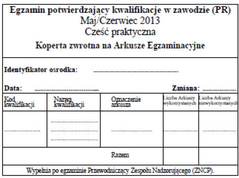 Naklejka na szarą kopertę przeznaczoną na zwrot (redystrybucja) Arkuszy