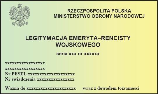 Strona 1 legitymacji: 1) tło w kolorze czerwonym cieniowane; 2) w lewym górnym rogu wizerunek orła według wzoru ustalonego dla godła Rzeczypospolitej Polskiej i napis WBE ; 3) poniżej napisy wykonane