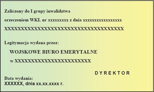 poniżej od lewej strony: w kolorze czarnym Legitymacja wydana przez:, w dwóch wierszach w kolorze czarnym Dyrektora Wojskowego Biura Emerytalnego w Warszawie, c.