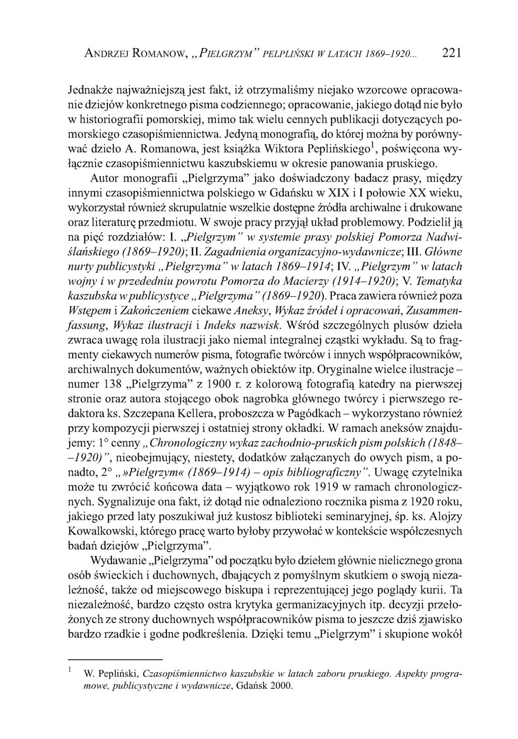 Andrzej Romanow, P ielgrzym pelpliński w latach I8 6 9-1 9 2 0.