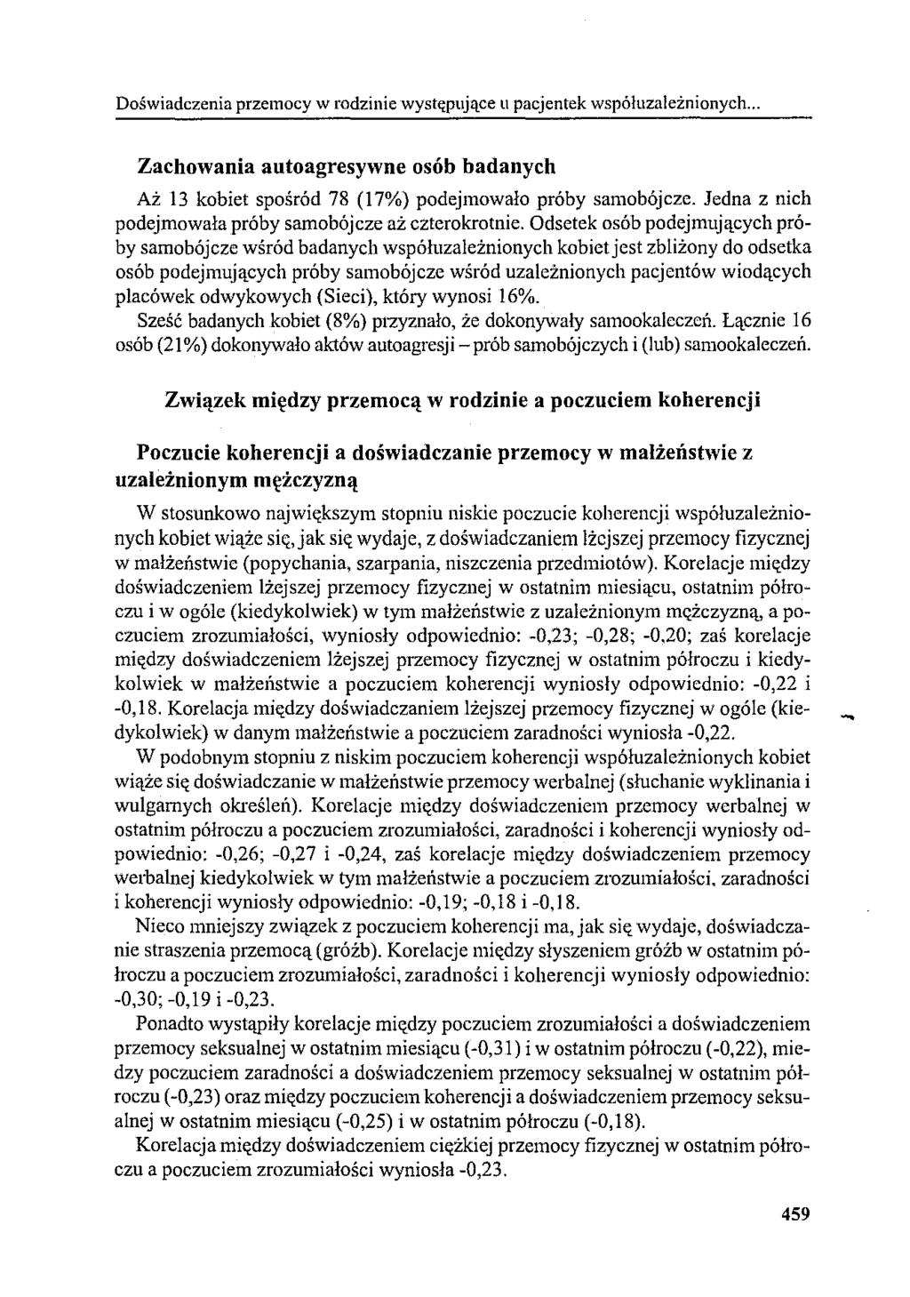 Doświadczenia przemocy w rodzinie występujące li pacjentek współuzależnionych... Zachowania autoagresywne osób badanych Aż 13 kobiet spośród 78 (17%) podejmowało próby samobójcze.