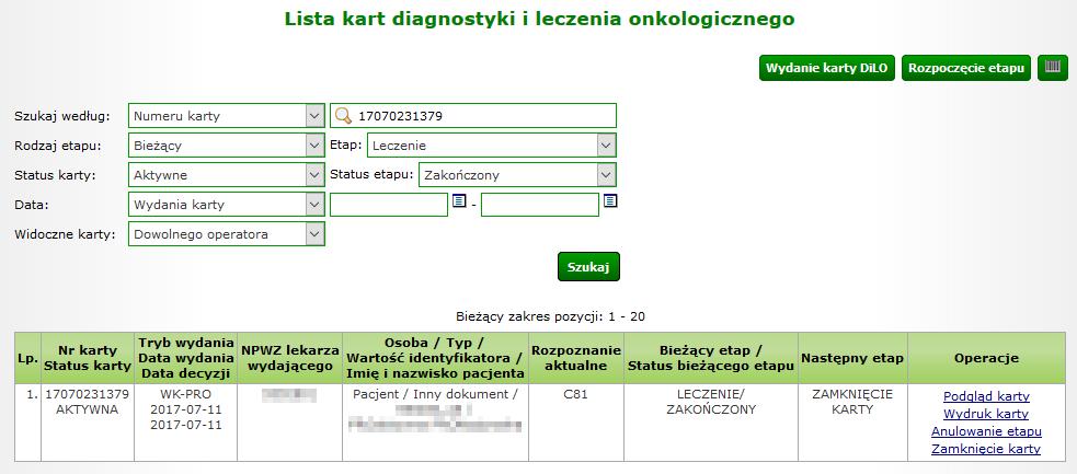 etapu karty DiLO Po pomyślnym zakończeniu etapu należy skorzystać z opcji Powrót do listy kart.