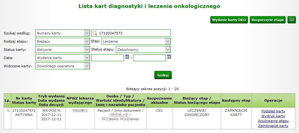 Rysunek 1-41 Przykładowa lista kart diagnostyki i leczenia onkologicznego Na Liście kart diagnostyki i leczenia onkologicznego karta, dla której został zamknięty etap Leczenie otrzyma status Leczenie