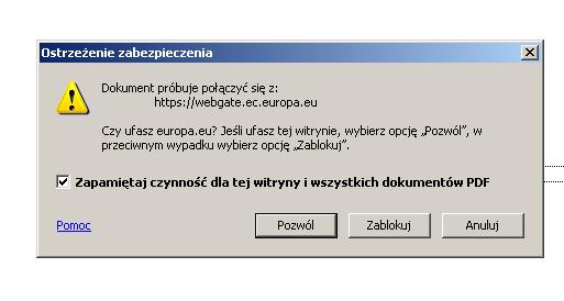 Ekran nr 12 Przycisk Złóż on-line Po naciśnięciu przycisku Złóż on-line pojawi się komunikat, że dokument próbuje połączyć się z Internetem.