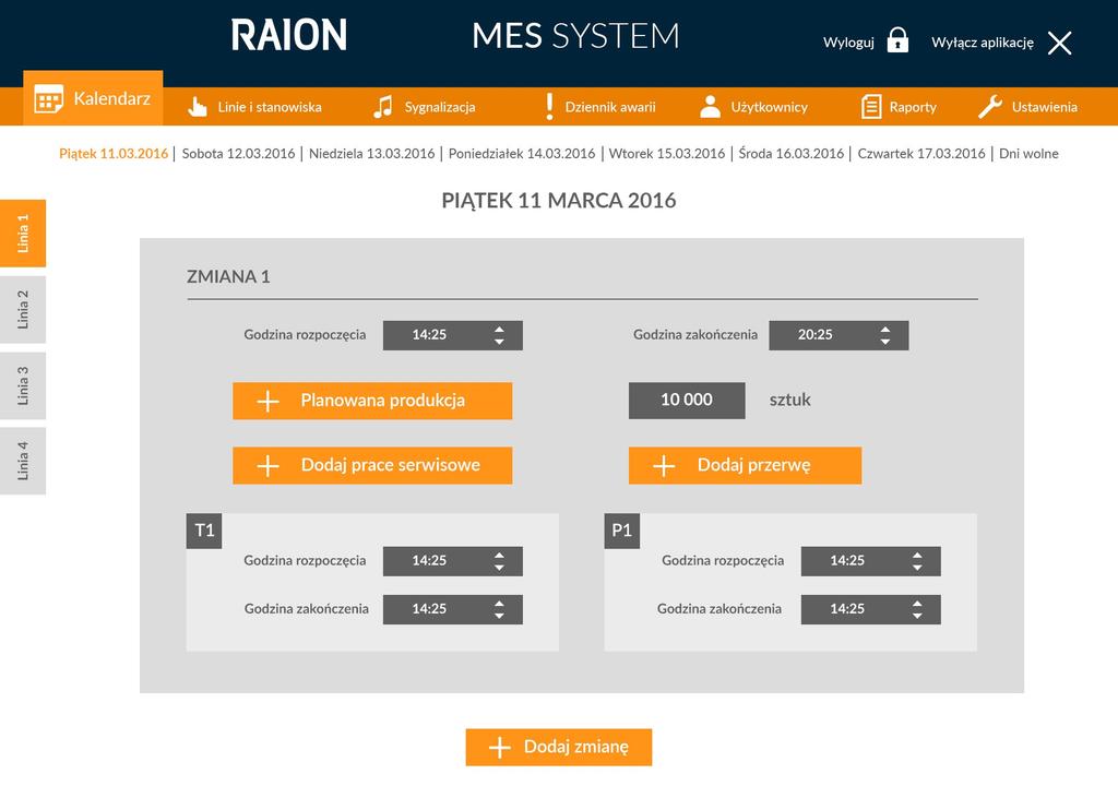 Plan pracy Raion Basic MES System Andon & OEE System automatycznie generuje plany pracy na podstawie integracji z nadrzędnymi systemami modułu produkcji / ERP lub można plany